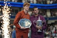 Carlos Alcaraz and Jannik Sinner pose during US Open trophy ceremony | Image Source: Getty